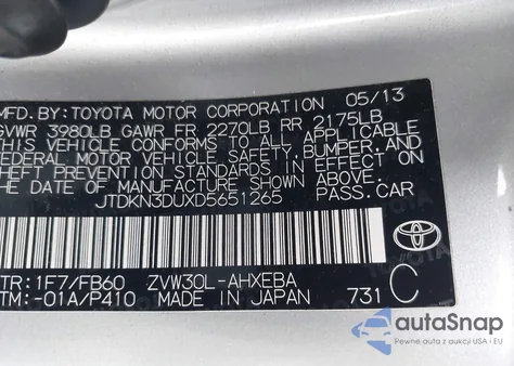2013 Toyota Prius Two z USA, uszkodzony, nr VIN JTDKN3DUXD5651265